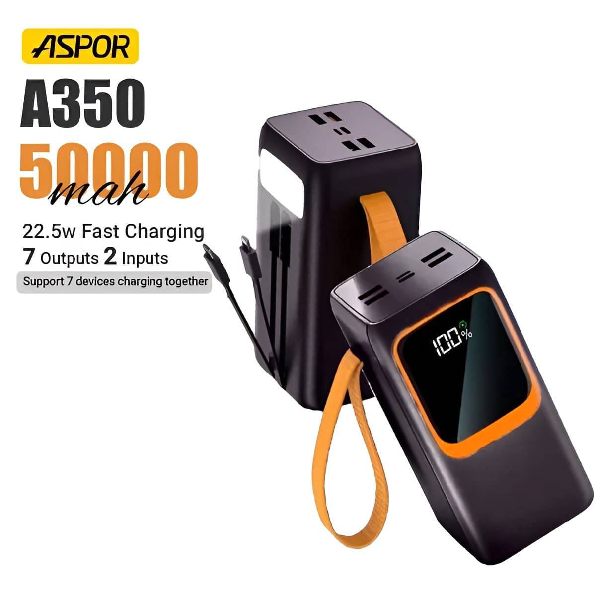 Aspor A350 50000mAh 22.5W Power Bank with Flashlight Type-C Micro iOS 7 Outputs Aspor A350 50000mAh Power Bank with Flashlight (22.5W) - Image 1
