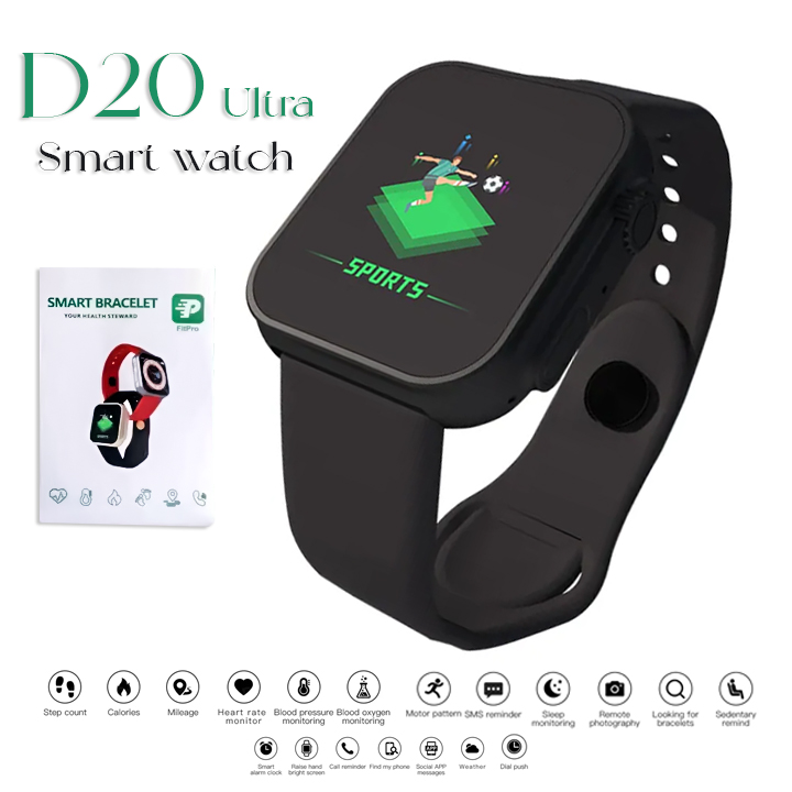 D20 Ultra Fitness Bracelet Blood Pressure Bluetooth Heart Rate Monitor with Fitpro App (Black)