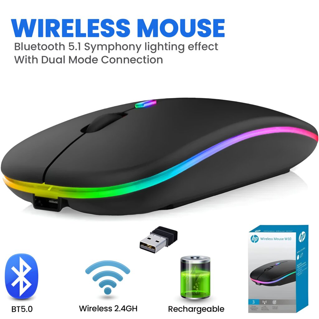 HP W10 Wireless RGB Bluetooth Rechargeable Slim Mouse for Laptop and Desktop