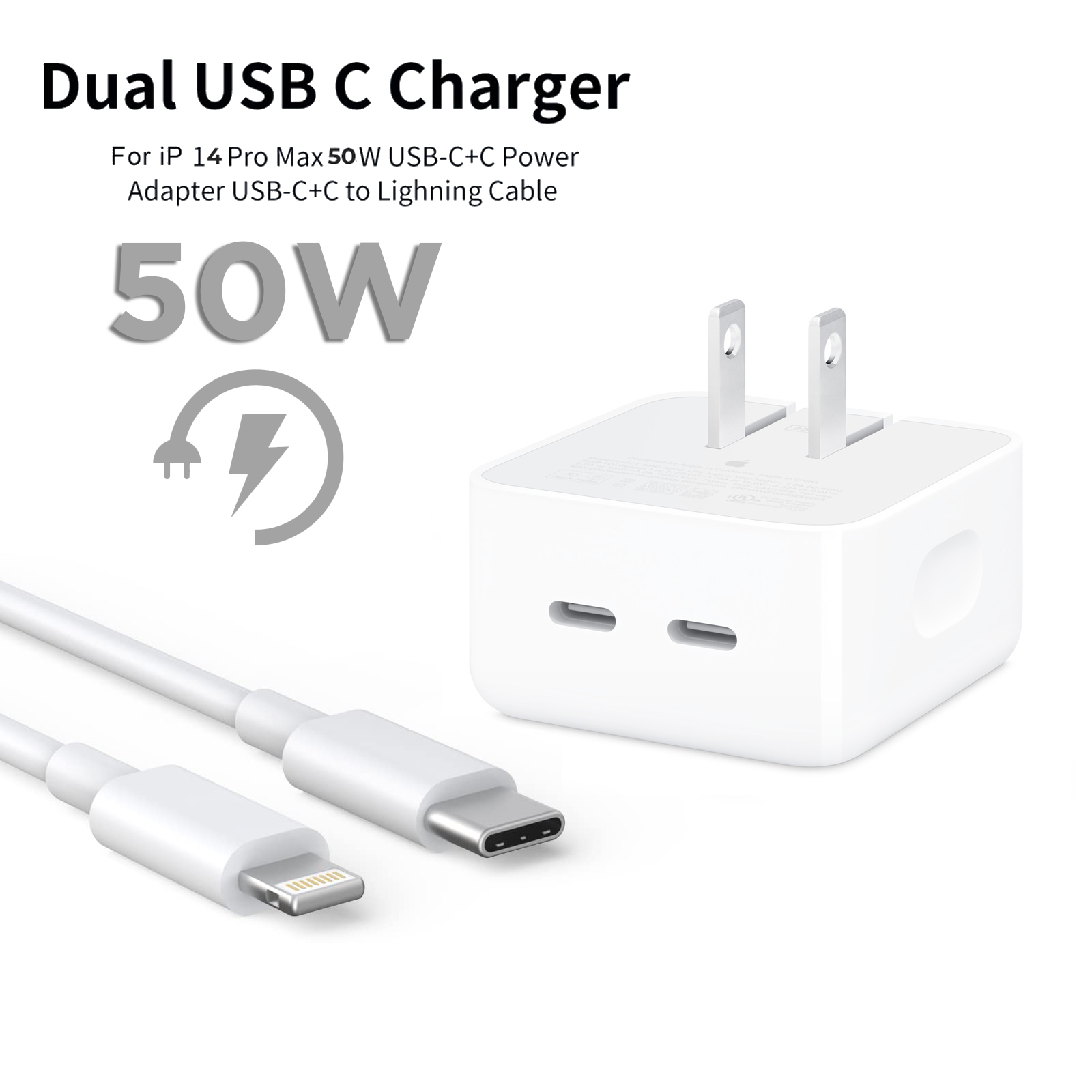 IPHONE1.jpg Apple Dual USB-C Power Adapter 2-Pin US Plug with USB-C to Lightning Cable (50W) - Image 1