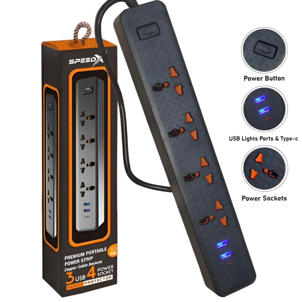 Speed-X 403PU Premium Portable Power Strip 25000W 4 Socket + 3 USB Ports 2m Cable