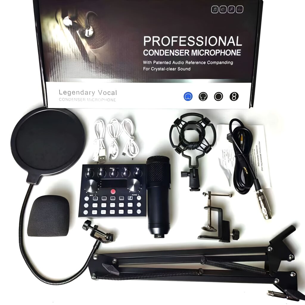 V10 BM-800 Podcast Condenser Microphone Set with Live Sound Card Rechargeable for Karaoke and YouTube Recording