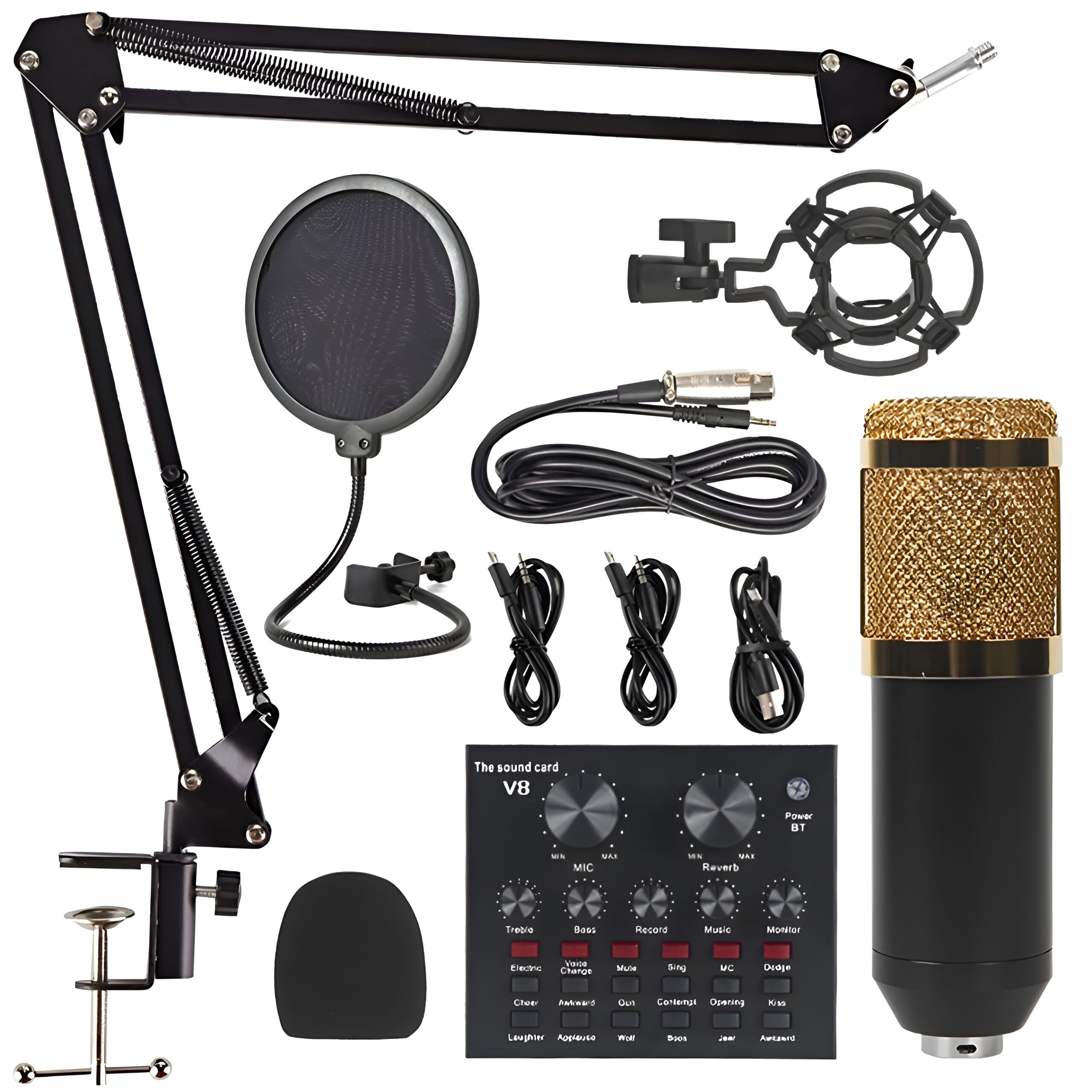 V8 BM-800 Podcast Microphone Set with Live Sound Card Rechargeable Condenser Mic for Karaoke and YouTube Recording
