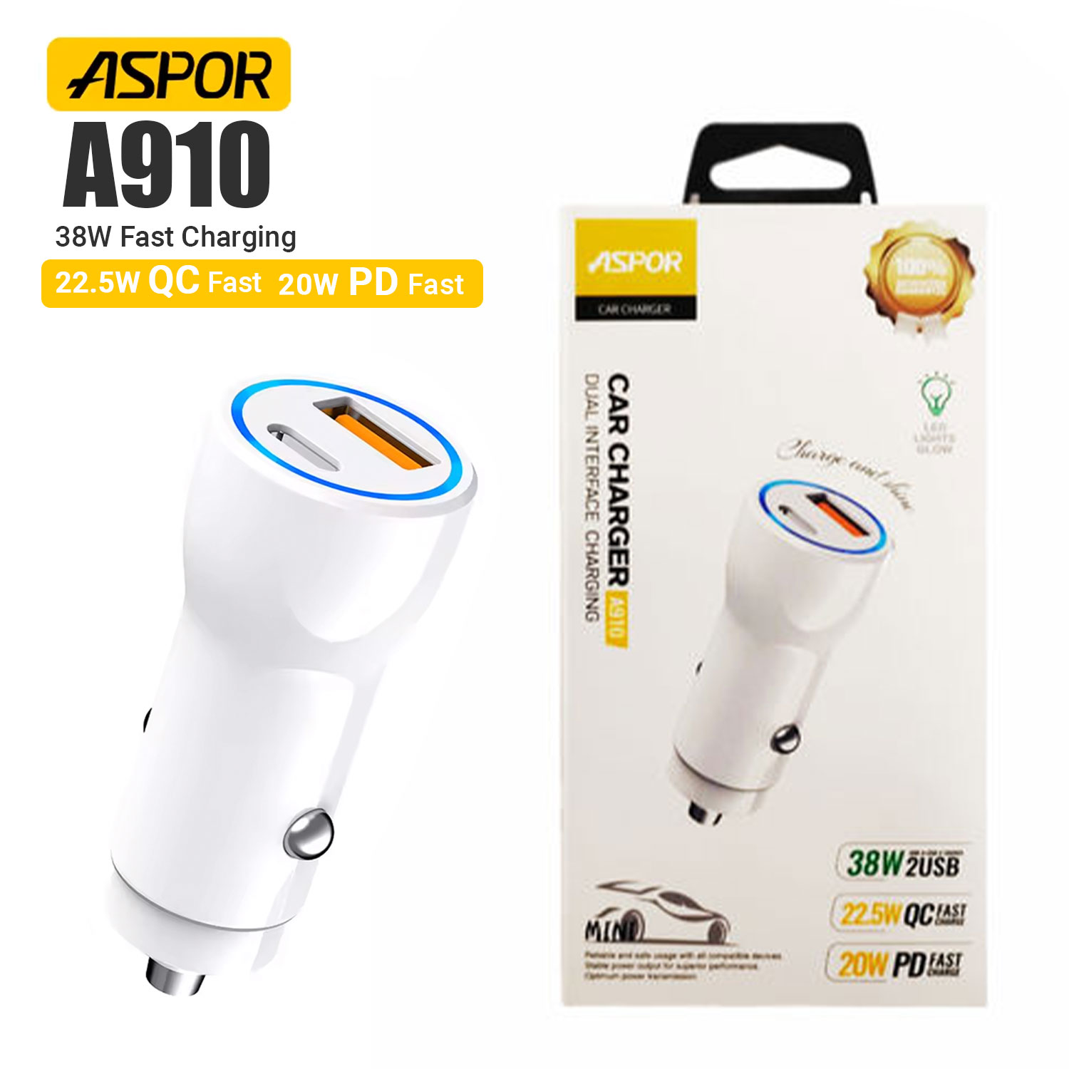 Aspor A910 Fast Car Charger QC3.0 Dual USB PD Aluminum Metal Portable Adapter (38W) - Image 1