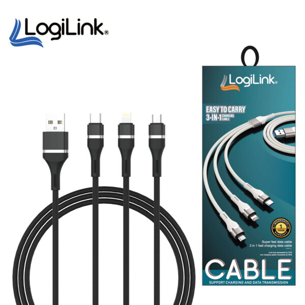 LogiLink 3-in-1 USB to Micro/Type-C/Lightning Nylon Fast Charging Cable 6A (1m)